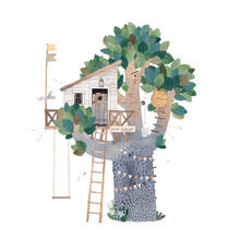 Tree House For Playing And Parties. House On Tree For Kids. Children Playground. Summer Camp Vacation. Watercolor Style. Isolated.