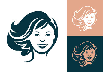 Wall Mural - Beautiful girl face with hair front view hairdresser beauty salon or cosmetics brand business logo template vector illustration.