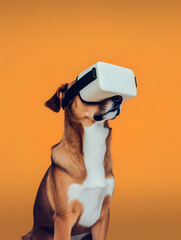 Wall Mural - Retriever pet dog wearing a VR headset. AI generated image
