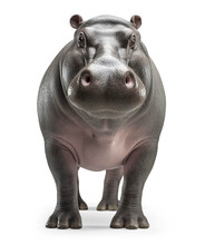 Full Body Shot Of A Fat Funny Hippo / Hippopotamus Looking Straight At The Camera Isolated Over A Transparent Background, Wild Animal / Wildlife / Safari Or Zoo Design Element, Generative AI