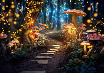 Canvas Print - A path that leads to a separate world in the depths of the forest. Wonderful environment for fairy tale illustrations and even wallpaper.Magic fairytale forest with fireflies lights.AI generated illus