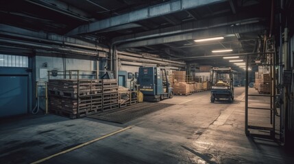 A loading dock with forklifts and pallets. AI generated