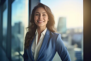 Wall Mural - successful happy woman marketing consultant wearing suit in a big nice office for a modern professio