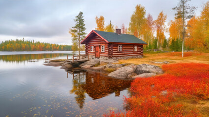 Wooden house on the shore of a lake in autumn generative ai