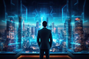 Wall Mural - Back view of businessman in suit standing at office looking at night city through panoramic window. Generative AI