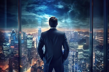 Wall Mural - Back view of businessman in suit standing at office looking at night city through panoramic window. Generative AI