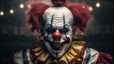 Evil clown. Portrait of scary spooky clown monster from horror movie with vintage circus on background. Generative AI