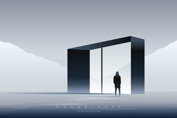 Wall Mural - Minimal futuristic landscape. Mountain background with a lonely figure in front of the portal. Sci-Fi poster. Abstract art wallpaper for web, prints, art decoration and applications. Vector