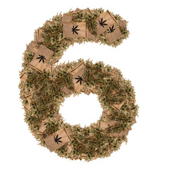 Numbers and signs with medical weed and paper bags. Isolated white background.