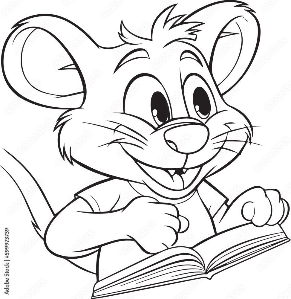 coloring book for kids, funny cute rat reading book, black and white ...