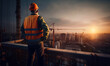 Engineer wearing protective cask and yellow vest looks at the construction site from top at sunset. Building cranes at backdrop. Generative AI.