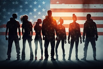 young people silhoutte standing with clenched fists, american flag background, depth of field, american aesthetic. generative ai