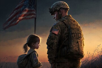 Canvas Print - the back of US soldier and child saluting the flag during Dusk. generative ai