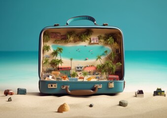 Wall Mural - Open Suitcase with Beach-themed Items. Concept of vacation and travel. Generative AI.