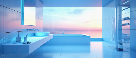 Wall Mural - generative ai illustration of a futuristic modern bathroom with view to a sunset scenery