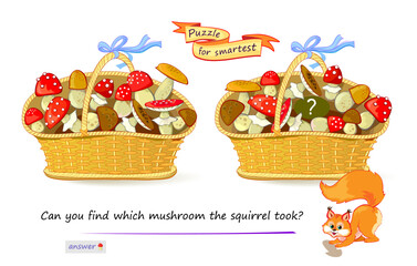 Logic puzzle for children and adults. Can you find which mushroom the squirrel took? Educational game. Page for kids brain teaser book. Task for attentiveness. IQ test. Play online. Cartoon vector.