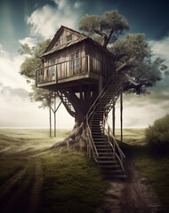 Wall Mural - Generative AI: A wooden house, in a remote ladscape at night with big moon