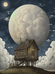 Wall Mural - Generative AI: A wooden house, in a remote ladscape at night with big moon