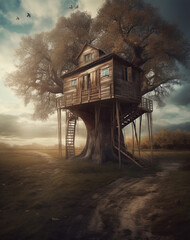 Wall Mural - Generative AI: A wooden house, in a remote ladscape at night with big moon