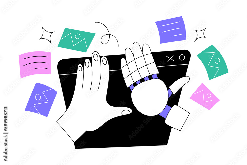 High five gesture, human hand giving five to a robot hand, artificial ...