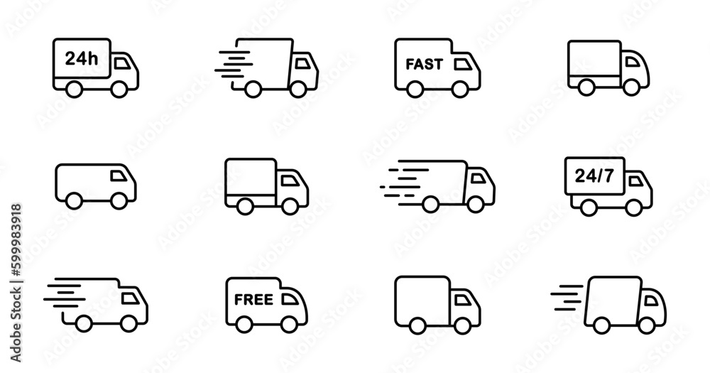 Векторный объект Delivery truck line icon set. Express delivery trucks ...