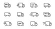 Delivery truck line icon set. Express delivery trucks icons. Fast shipping truck. Free delivery 24 hours. Logistic trucking sign. Vector illustration.