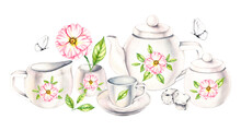 Watercolor Composition Of Porcelain Dishes, Flowers, Bouquets, Butterflies On White