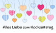 Alles Liebe zum Hochzeitstag - Schriftzug in deutscher Sprache. Grußkarte mit einem Himmel voller padtelfarbener Herzen.