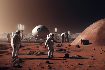 Wall Mural - astronauts wearing space suits walking on red planet, standing near base for colonization. martian c