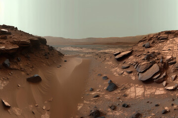 Wall Mural - space expedition for colonization mars. water in soil of mars. martian landscape. the surface of red