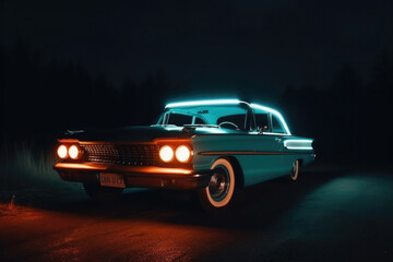 Wall Mural - classic retro car at night with glowing headlamps. american vintage vehicle with colorful illuminati