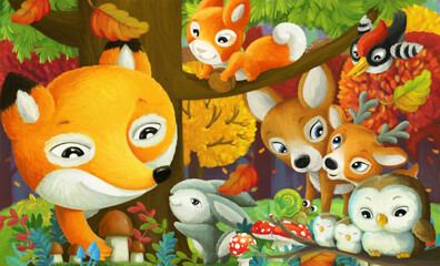 Wall Mural - cartoon scene forest animals friends having fun