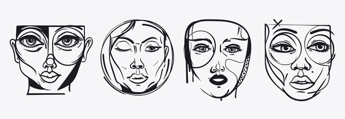 Abstract female faces in sketch style. Collection of beautiful lady hand drawn face. Artistic women's portraits. Ideal for textile print, poster, beauty industry. Vector artwork.