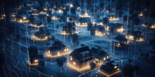 Digital Community, Smart Homes And Digital Community. DX, Iot, Digital Network In Society Concept. Suburban Houses At Night With Data Transactions. Hand Edited Generative AI. 