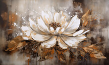 Watercolor Painting Floral Digital Art Wall Decor. Golden White And Gray Flowers For Wall Canvas Decor. White Magnolia Flower In Watercolor. Ai Generative