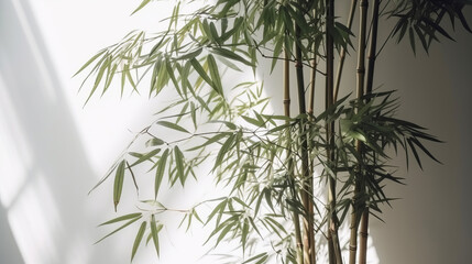 Wall Mural - Tranquil bamboo background with shadows on a plain wall. Generative ai