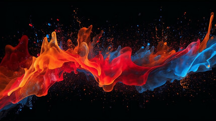 Paint drop. Ink water. Cold flame. Burning ice. Red orange blue color gradient glowing glitter fluid splash on dark black abstract art background. AI generative