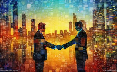 Photo showing two business people handshake for digital currency in front of cityscape with generative AI