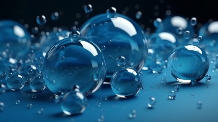 Poster - Blue bubbles floating on a blue surface. Generative ai