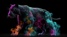 Animals Surrounded By Colored Smoke. Panther Wrapped In Colored Smoke. Panther Original, Creative And Colorful. Image Generated By AI.
