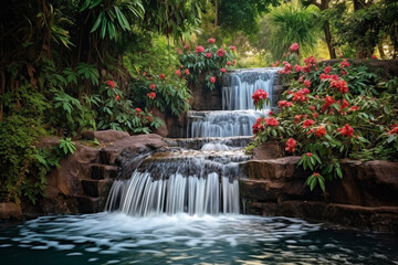 Wall Mural - Flowing waterfall with lush greenery and colorful flower 