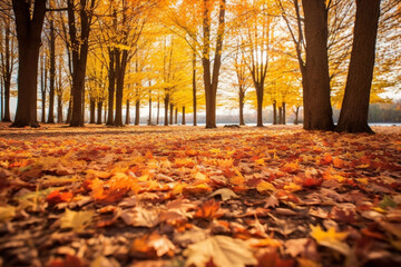 Wall Mural - Fiery orange and yellow autumn leaves covering a forest  