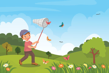 Cute little boy catching butterfly with net at the garden in the spring season