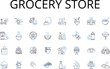 © michael broon - Grocery store line icons collection. Convenience store, Supermarket, Provision store, Corner shop, Market stall, Specialty shop, Food market vector and linear illustration. Health food store,Deli shop