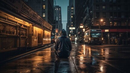 A sad and lonely person sits alone on a city street in the rain at night. Generative AI. 