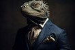 © top images - Anthropomorphic iguana dressed in a suit like a businessman. Business Concept. AI generated, human enhanced