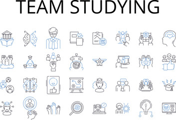  Team studying line icons collection. Collective learning, Partner brainstorming, Shared reading, Group analyzing, Collaborative reviewing, Joint research, Coordinated investigating vector and linear