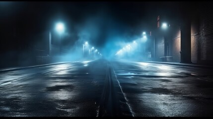 Poster - A dimly lit street at night under the glow of street lights. Generative ai