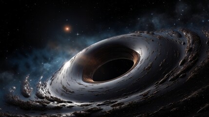 Wall Mural - a black hole in space with swirling gas and light bending around it. generative ai