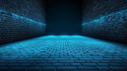  A dimly lit room with a unique blue floor and brick walls. Generative ai